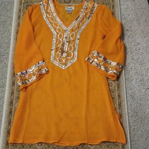 Orange Silver Sequin Sheer V-Neck Tunic Size M